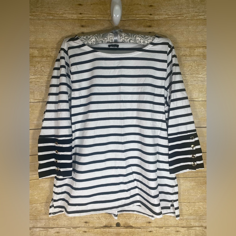 Talbots 1X Black White Stripe Top Boatneck Gold Buttons 3/4 Sleeve Nautical
